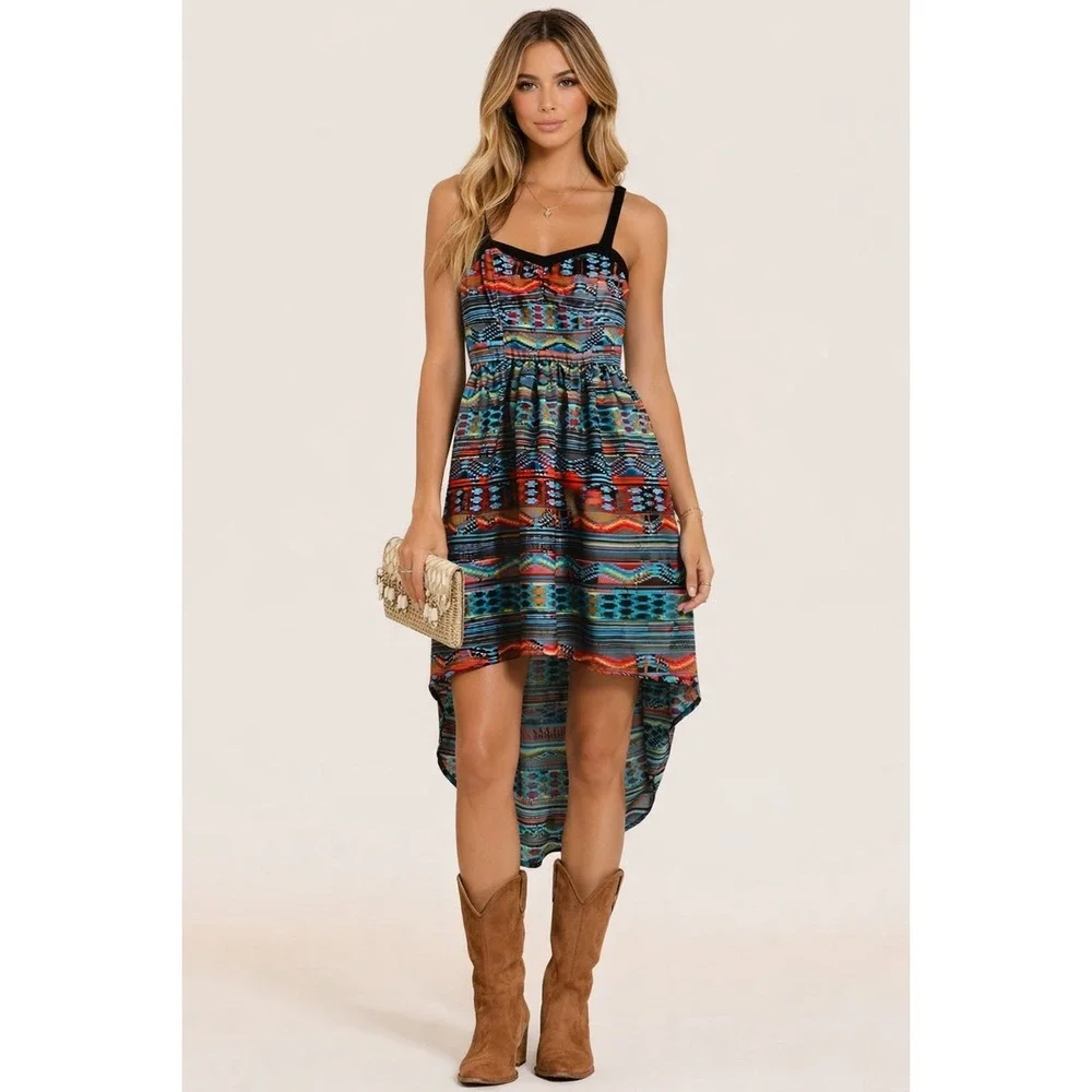Lottie & Holly Aztec Print High Low Dress‎ Boho Y2K S